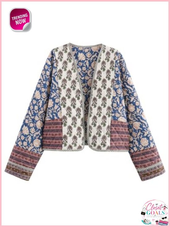 Jackets & Blazers - Floral Cropped Quilted Lightweight Jacket Open Front Cardigan